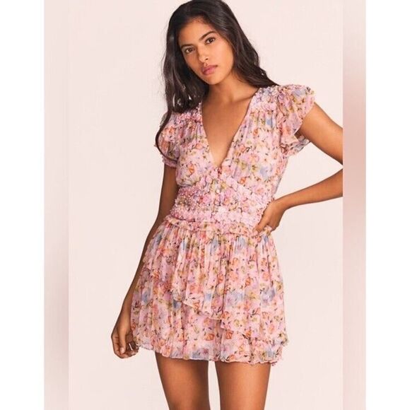 LoveShackFancy Marisela Floral Mini Dress in Pastel Confetti Pink XS - Picture 1 of 16